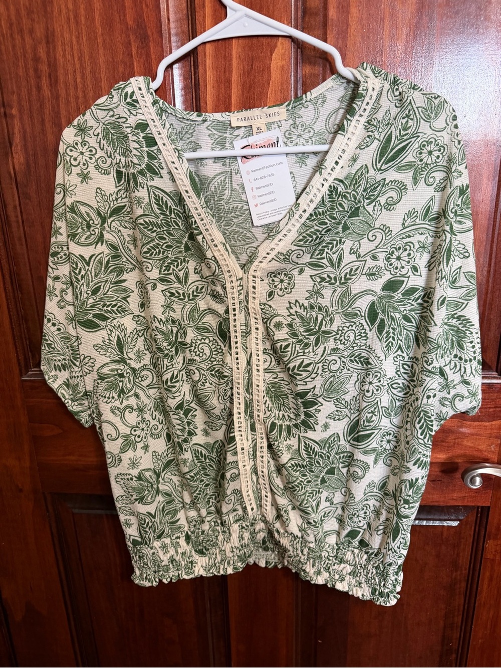 Parallel Skies Green Floral V-Neck Crochet-Trim Tunic